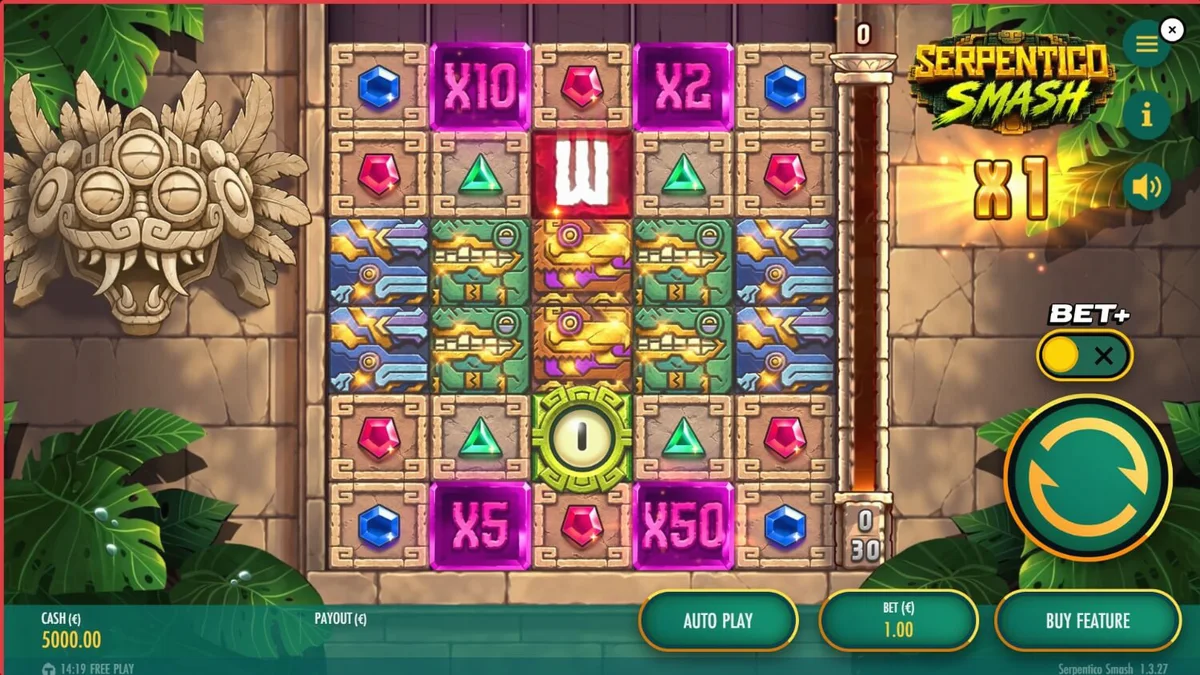 Tampilan visual slot Serpentico Smash dengan tema hutan Aztec dan simbol batu kuno.